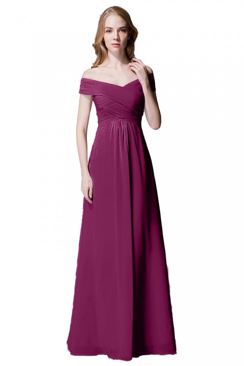 Crisscross Off-the-Shoulder Pleated V-back Bridesmaid Dress Long