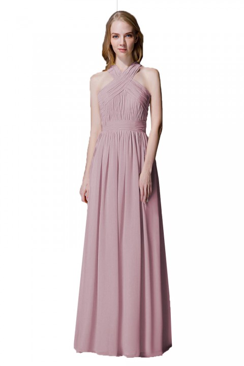 Criss-cross Halter Pleated Chiffon Bridesmaid Dress with Cross-straps Back