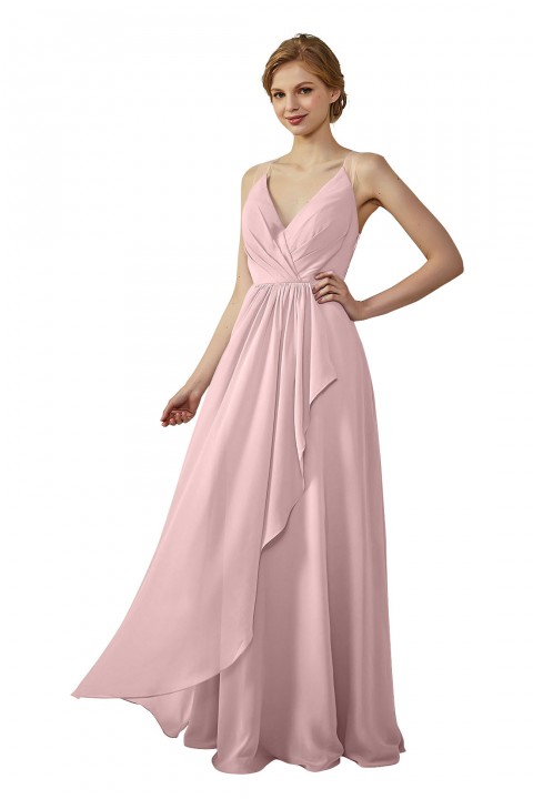 Lace Illusion Back Clousre Tulle Strap V-Neck Bridesmaid Dress with Ruffle