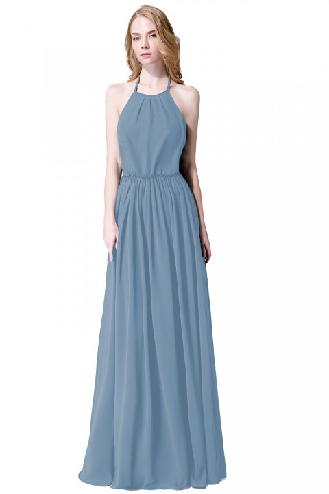 Halter Spaghetti Strap Open Back Chiffon Bridesmaid Dress with Sash