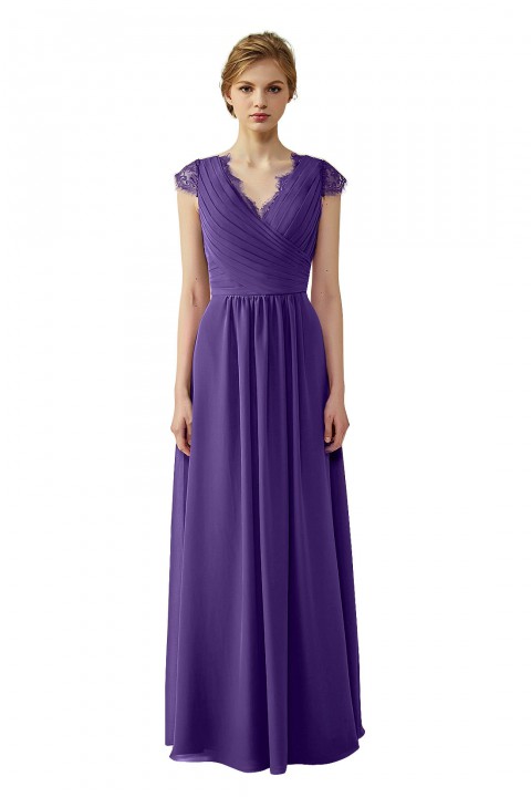 Lace Cap Sleeves  V-Neck Lace Back Closure with Keyhole Bridesmaid Dress