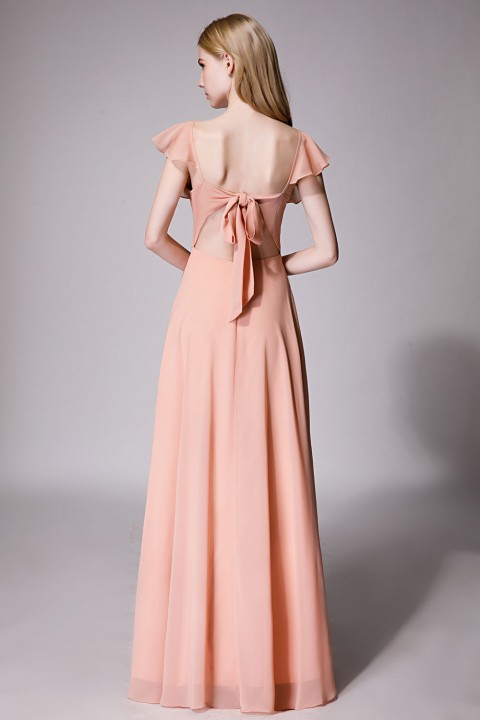 V Neck Cascading Ruffles Sleeve Bow Back Bridesmaid Dress 