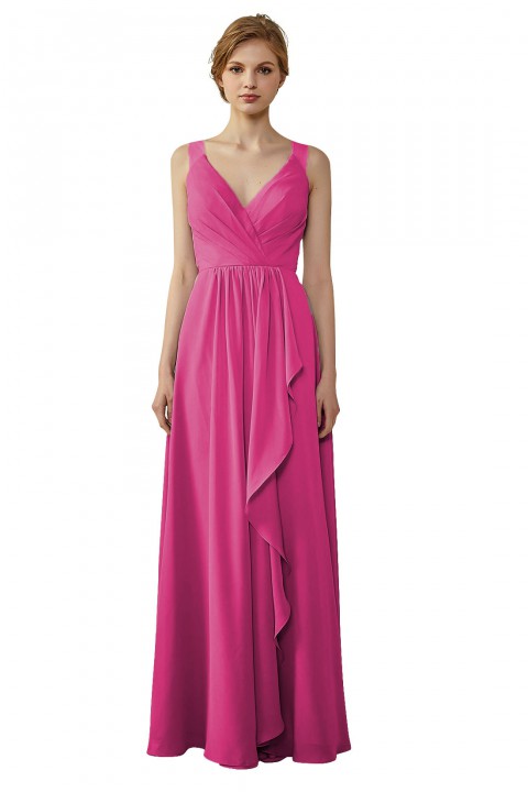 Lace Illusion Back Clousre Tulle Strap V-Neck Bridesmaid Dress with Ruffle