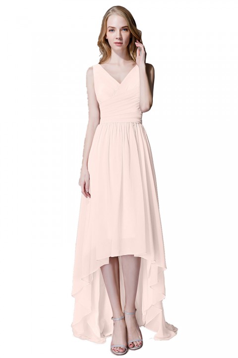 Romantic High-Low V-Neck Chiffon Ruched Bridesmaid Dress