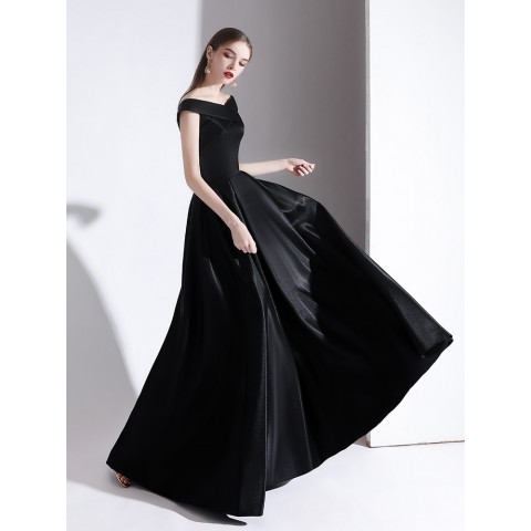 Black Off Shoulder Sleeveless Floor-length Skirt Velvet Party Dress