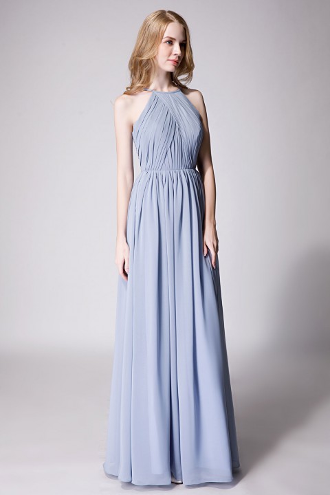 Pleated A-Line Halter Spaghetti-Straps Back Chiffon Bridesmaid Dress