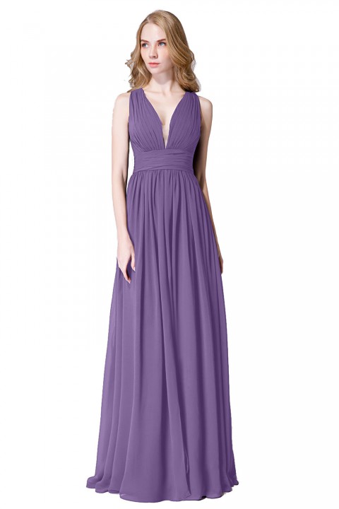 Sexy Deep V-Neck Plunging Silt Bridesmaid Dress with Keyhole Back