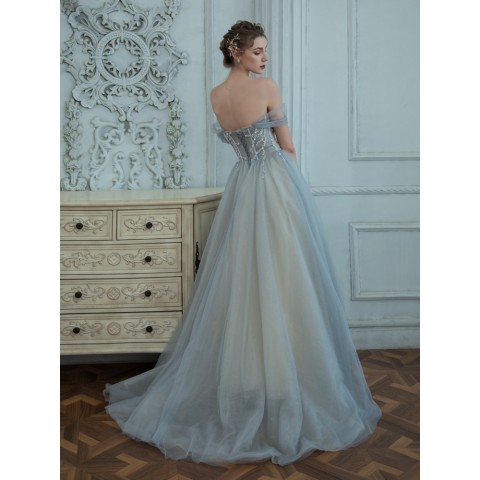 Grey Off Shoulder Bowknot Decor Beaded Decor Tulle Party Dress