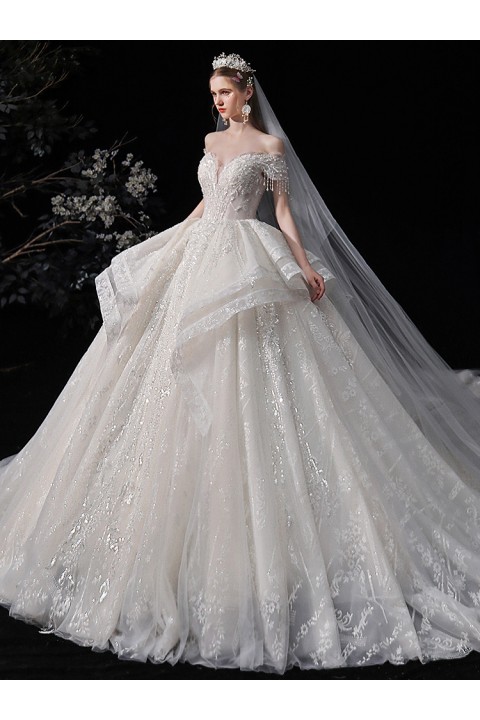 New 2021 Luxury Off Shoulder Beads Decor Flounce Hemline Sequin Embroidered Tulle Wedding Dress With Long Train
