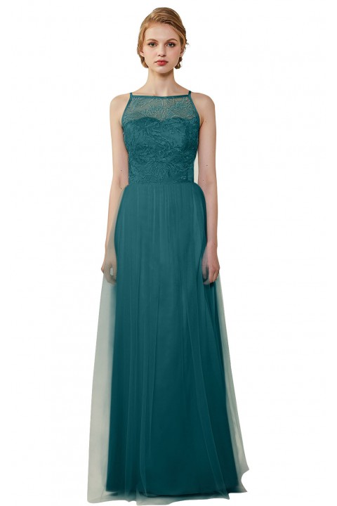 Tulle Lace Illusion Boatneck and Back Bridesmaid Dress with Keyhole 