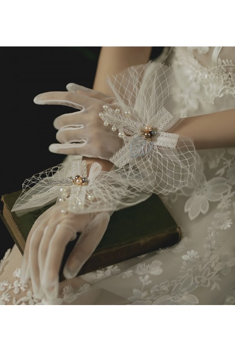 White Lace Bow Decor Thin Tulle Wedding Bridal Gloves