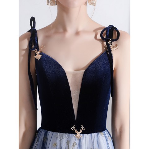 Blue Bow Spaghetti Straps Design Sequined Velvet Party Dress