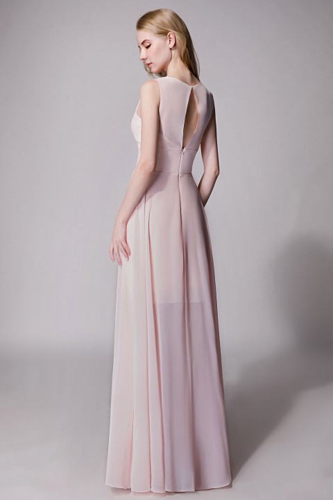 Plunging Illusion Tulle Scoop Neck High Slit Chiffon Bridesmaid Dress