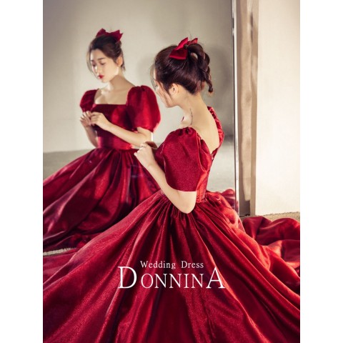 Classic Burgundy Square Neck Puff Sleeves Satin Party Dress