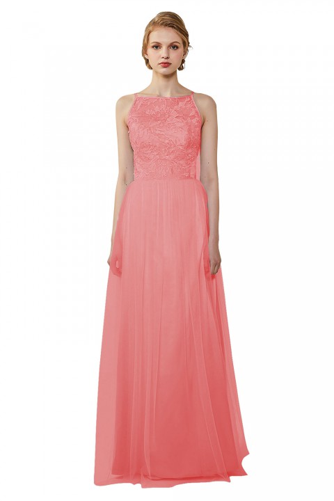 Tulle Lace Illusion Boatneck and Back Bridesmaid Dress with Keyhole 