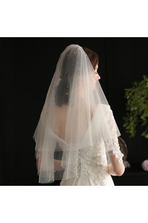 New White Two-Tier Pearl Decor Short Soft Tulle Wedding Bridal Veil With Comb