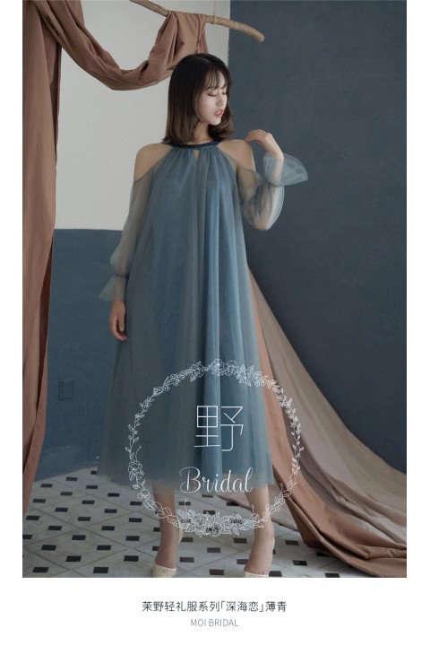 Crystal Blue Halter Neck Cold Shoulder Long Tulle Sleeves Belted Luxe Satin Bridesmaid Dress