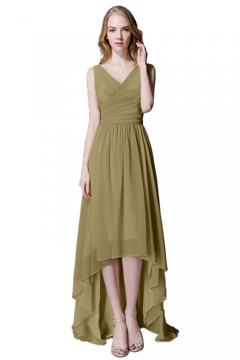 Romantic High-Low V-Neck Chiffon Ruched Bridesmaid Dress