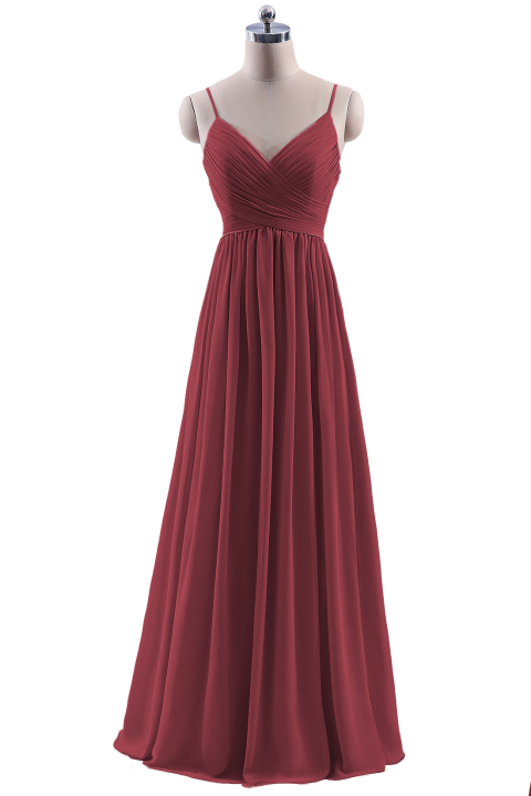 Spaghetti Straps Pleated Low V Back Bridesmaid Dress