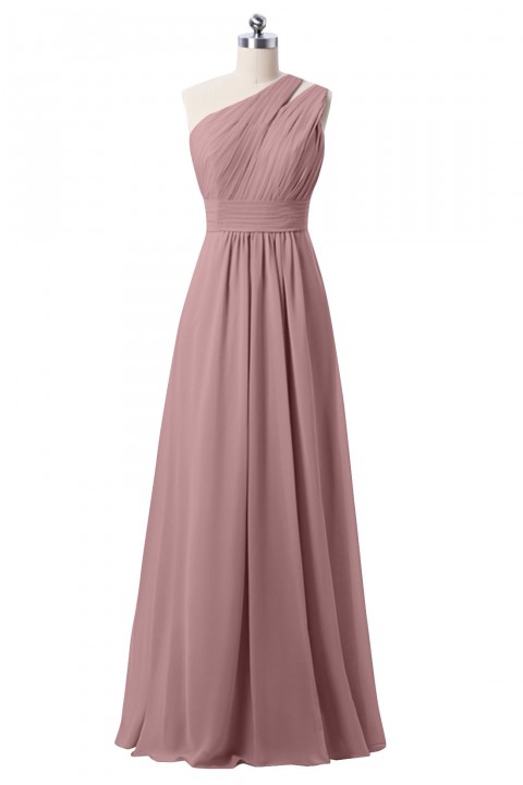 One Shoulder with Double-Straps Detail Pleated Bodice Floor Length Chiffon Bridesmaid Dress