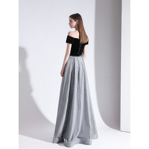 Black Off Shoulder Sleeveles Grey Seqins Skirt Velvet Party Dress