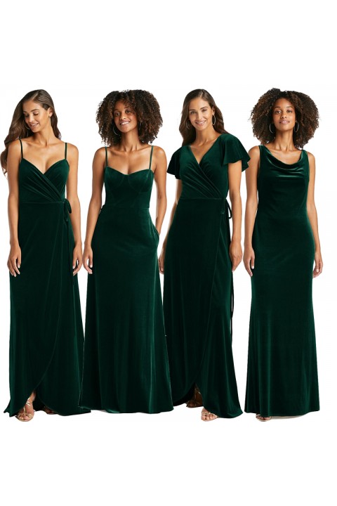 Dark Green V Neck Cap Sleeves Self Tie High Split Luxe Velvet Bridesmaid Dress
