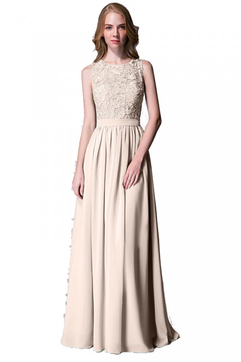 Lace Upper Bodice Illusion Scoop Neck Chiffon Bridesmaid Dress Sleeveless