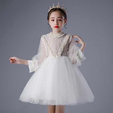 2021 New White Long Sleeve Princess Tulle Skirt Flower Girl Dresses With Beads
