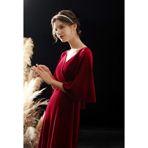 Elegant Muse Deep V-neck Tie Back Wrap Velvet Party Dress