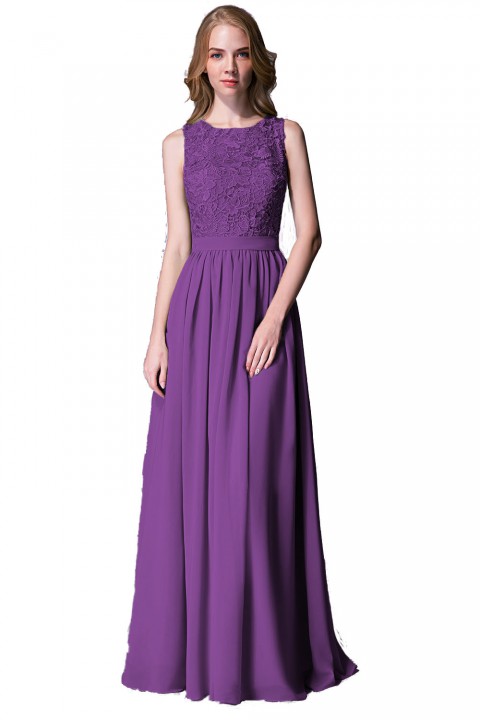 Lace Upper Bodice Illusion Scoop Neck Chiffon Bridesmaid Dress Sleeveless