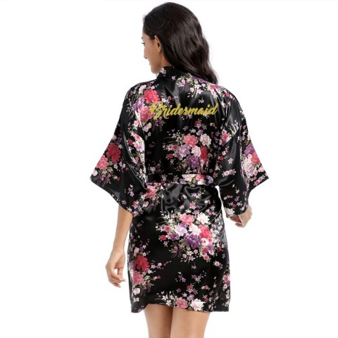 Floral Slogan Printed Tied Waist Silk Bridesmaid Robe