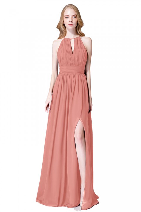 High-Neck with Keyhole Halter Tie Back Chiffon Bridesmaid Dress 