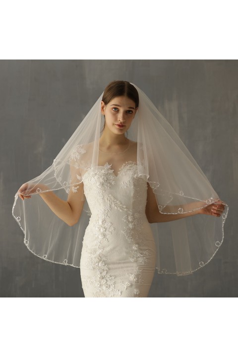 White Two-Tier Beads Decor Soft Tulle Wedding Bridal Veil With Comb