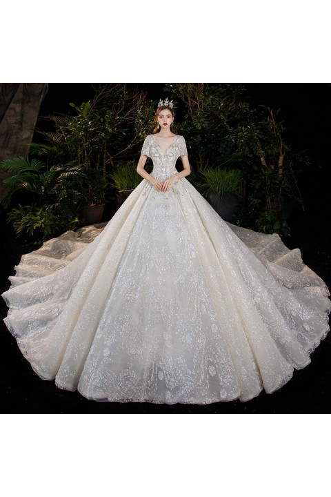New 2021 Super Luxury Deep V-neck Beaded Sequin Embroidered Fantacy Tulle Wedding Dress With Long Train