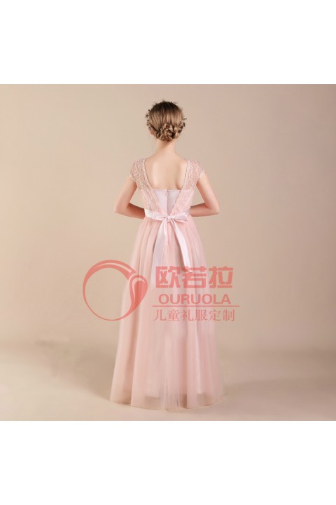 Pink Round Neck Bow Decor Tulle Skirt Junior Bridesmaid Dresses