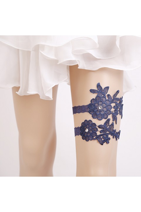 Crystal Decor Floral Lace Elastic Bridal Garter Set