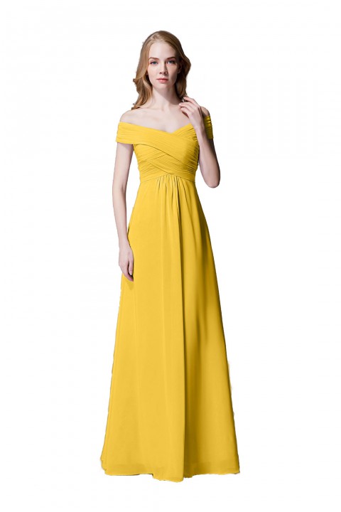 Crisscross Off-the-Shoulder Pleated V-back Bridesmaid Dress Long