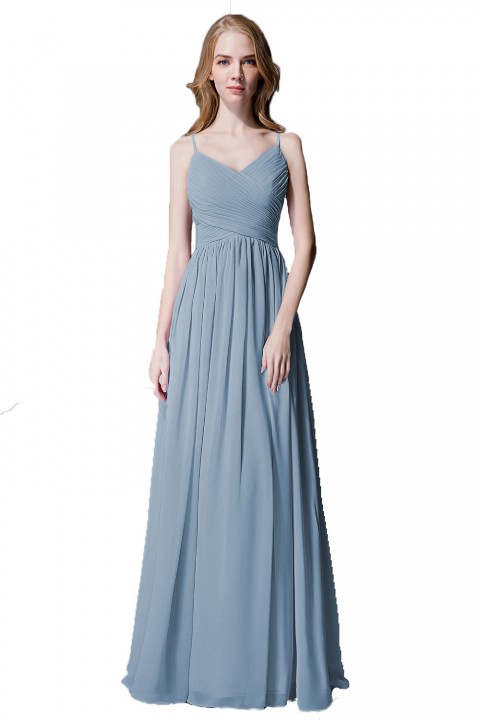 Spaghetti Straps Pleated Chiffon Bridesmaid Dress with Lace Open Back