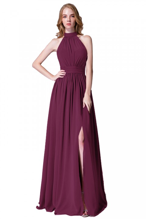 Illusion Neckline High Neck Halter Side Slit Chiffon Bridesmaid Dress with Keyhole