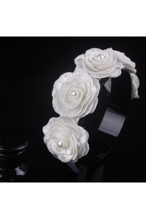 White Handmade Pearl Rose Flower Design Bridal Headband