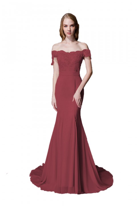 Elegant Mermaid Off Shoulder Chiffon Lace Straight Bridesmaid Dress with Train