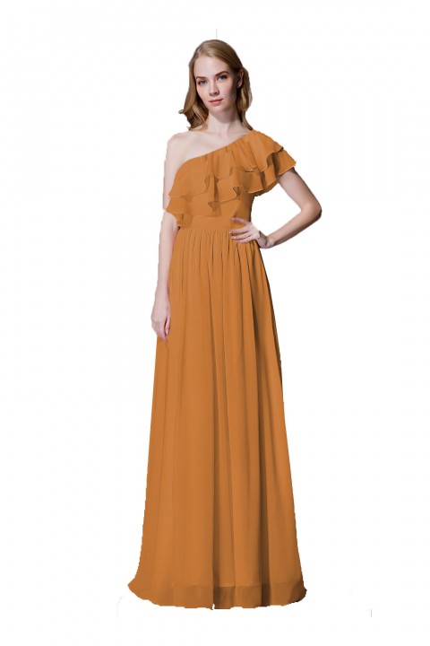 Asymmetrical One-Shoulder Flounce Chiffon Bridesmaid Dress Long