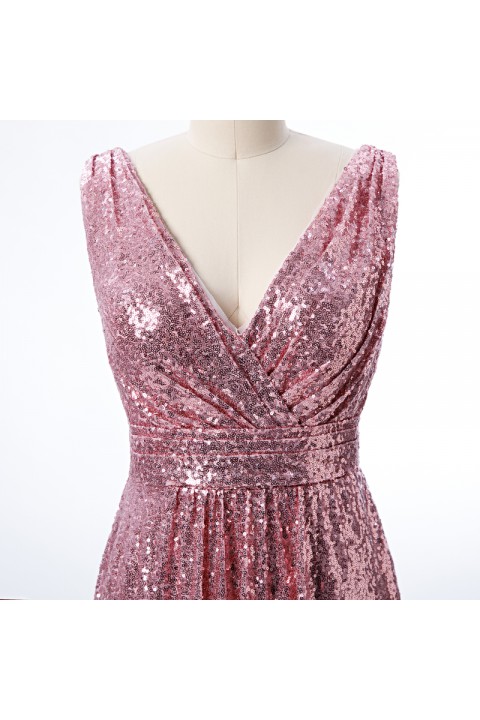 V Neck Ruched Bodice Glitter Sequin Bridesmaid Dress