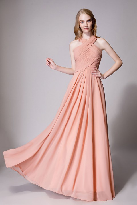 Chic Criss-cross Halter Pleated Chiffon Bridesmaid Dress Long