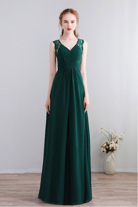 V Neck Illusion Lace Straps Keyhole Back Chiffon Ruched Bridesmaid Dress