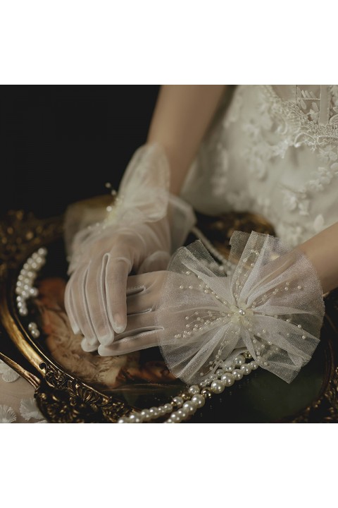 White Pearl Decor Elastic Tulle Wedding Bridal Gloves