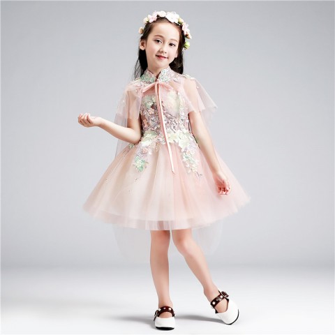 Light Pink Sleeveless Beaded Embroidered Flower Tulle Short Skirt Girls Pageant Dress with Shawl