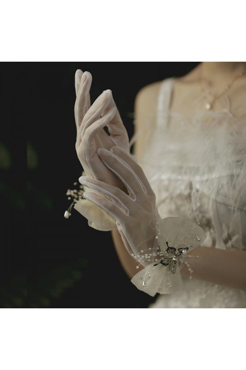 White Lace Silk Bow&Butterfly Shape Decor Tulle Wedding Bridal Gloves