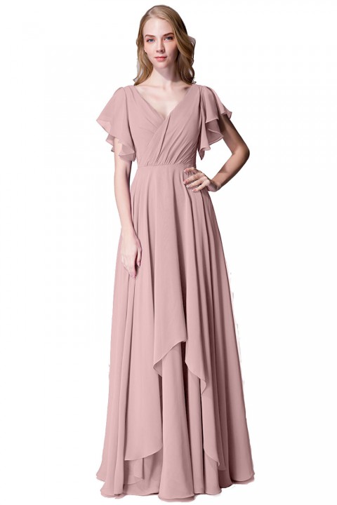 Flutter Sleeve Chiffon Ruched V Back Bridesmaid Dress Long