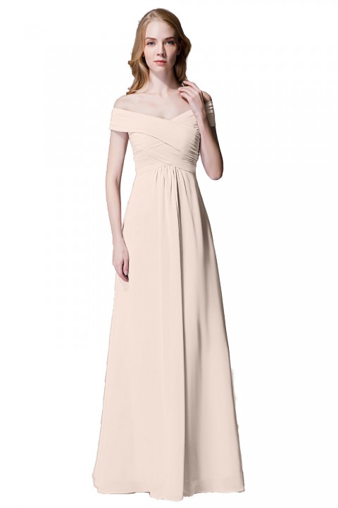 Crisscross Off-the-Shoulder Pleated V-back Bridesmaid Dress Long